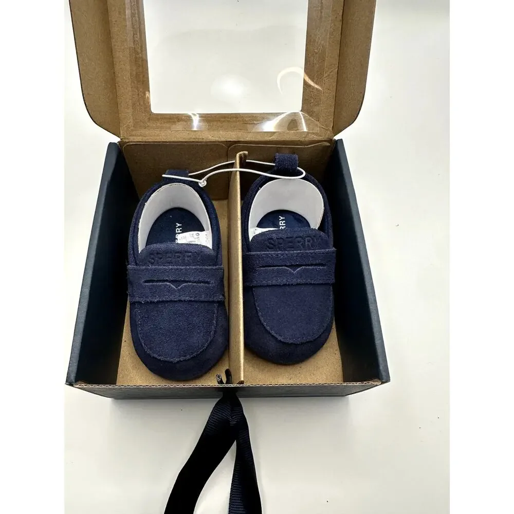 Sperry Infant Boys Navy Suede Loafers Size 2 (3-6 Months) Boat Shoes NEW IN BOX